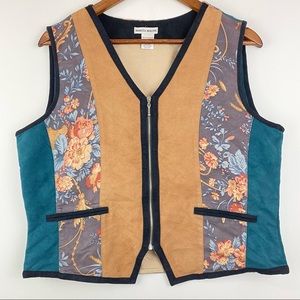 Rebecca Malone size Large Women’s Tan Green Floral Patchwork Full Zip Vest